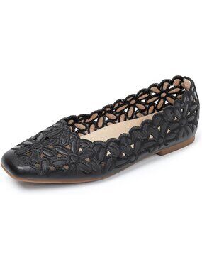 Women's Black Lacy Square Toe Ballet Flats Comfortable Slip On Work Shoes